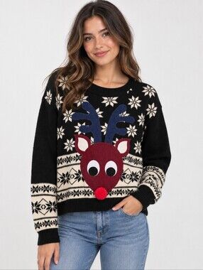 Happy Holidays Reindeer Ugly Christmas Sweater Black L
